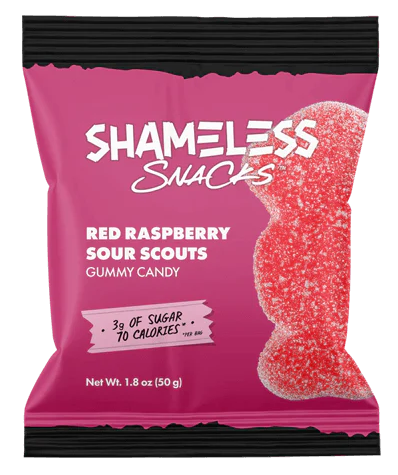 Shameless Snacks Gummy Candy, Red Raspberry Sour Scouts