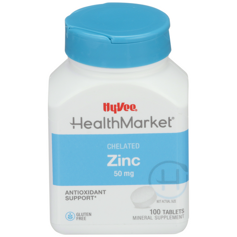 Hy-Vee HealthMarket Chelated Zinc 50mg Dietary Supplement Tablets - 100 Count