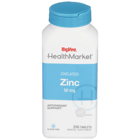 Hy-Vee HealthMarket Chelated Zinc Dietary Supplement 50mg Tablets - 250 Count