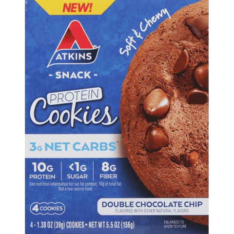 Atkins Protein Cookies, Double Chocolate Chip, Soft & Chewy, 4-1.38 oz - 5.5 Ounce