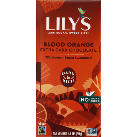 Lily's Blood Orange Extra Dark Chocolate Bar, No Sugar Added, 70% Cocoa - 2.8 Ounce