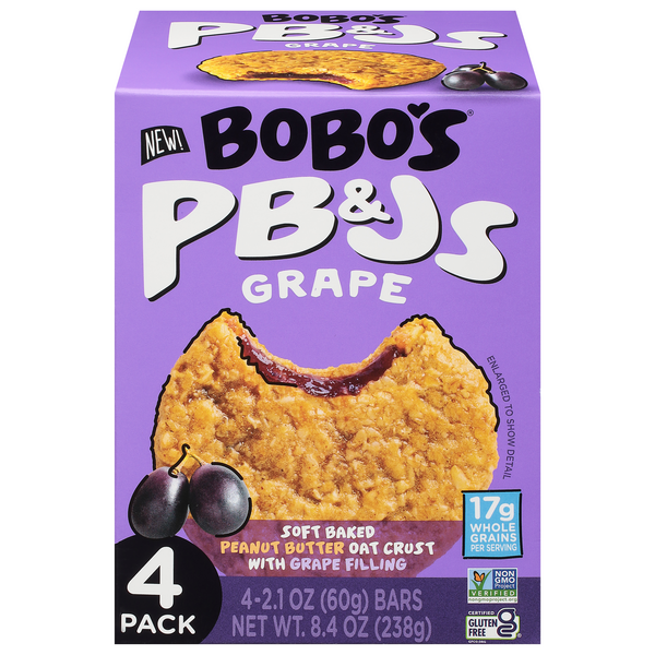 Bobo's PB&Js Soft Baked Peanut Butter Filled Oat Bars, Grape 4 Count 2.1 Ounce - 8.4 Ounce