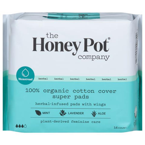 The Honey Pot Organic Super Pads w/Wings, Herbal-Infused