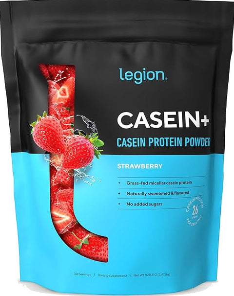 Legion Casein+ Pure Micellar Casein Protein Powder, Strawberry, 30 Servings
