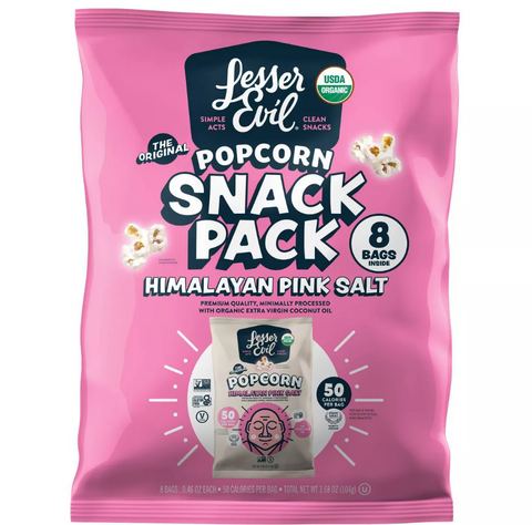 LesserEvil Organic Popcorn, Himalayan Pink Salt Snack Pack- 8 Pack