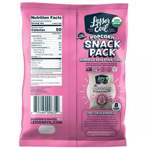 LesserEvil Organic Popcorn, Himalayan Pink Salt Snack Pack- 8 Pack