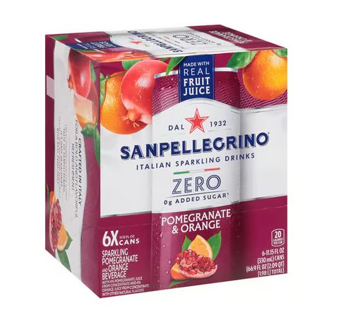 S. Pellegrino Zero Lemonade Sparkling Pomegranate & Orange Beverage, 6 Pack