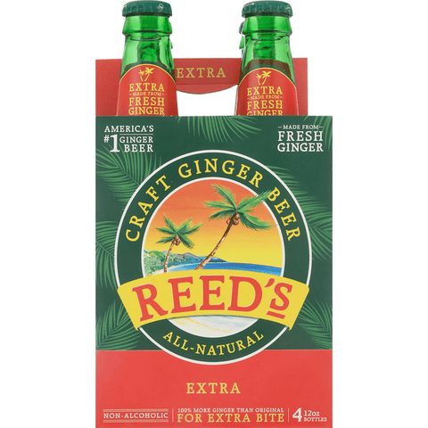 Reed's Extra Ginger Brew All Natural Jamaican Style Non-Alcoholic Ginger Beer 4 Pack - 12 Ounce