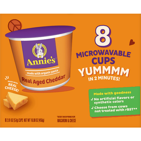 Annies Macaroni & Cheese, Real Aged Cheddar 8-2.01 oz Cups - 16.08 Ounce