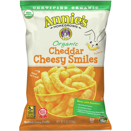 Annies Corn Puffs, Baked, Organic, Cheddar Cheesy Smiles - 4 Ounce