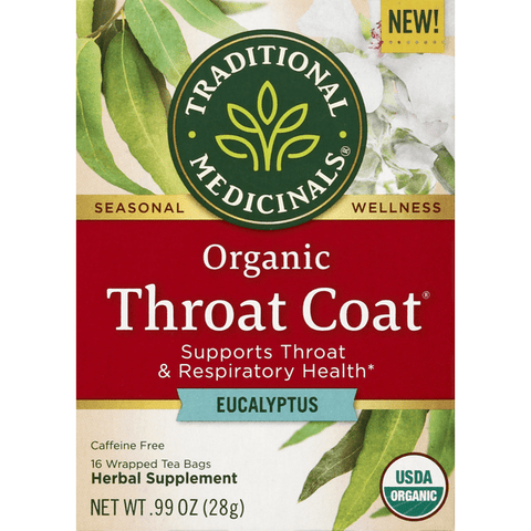 Traditional Medicinals Herbal Tea, Organic Throat Coat, Eucalyptus, Wrapped Tea Bags 16 Count - 0.99 Ounce