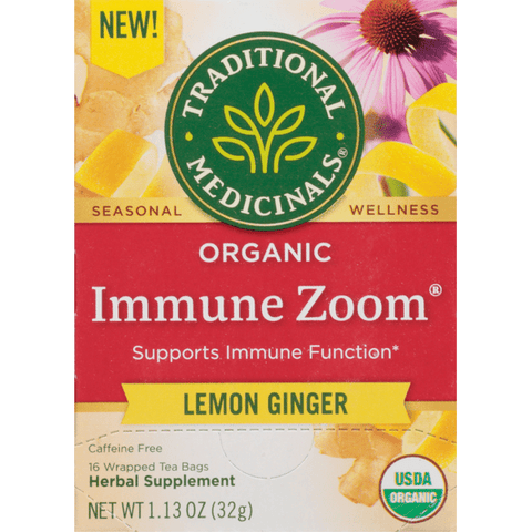 Traditional Medicinals Herbal Supplement, Organic, Lemon Ginger, Immune Zoom, Tea Bags 16 CT - 1.13 Ounce