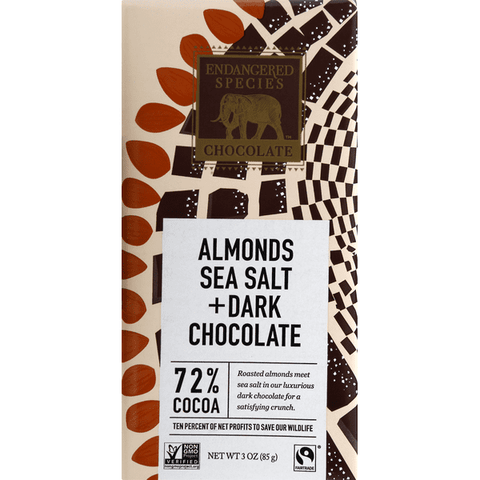 Endangered Species Chocolate Natural Dark Chocolate With Sea Salt & Almonds 72% Cocoa - 3 Ounce