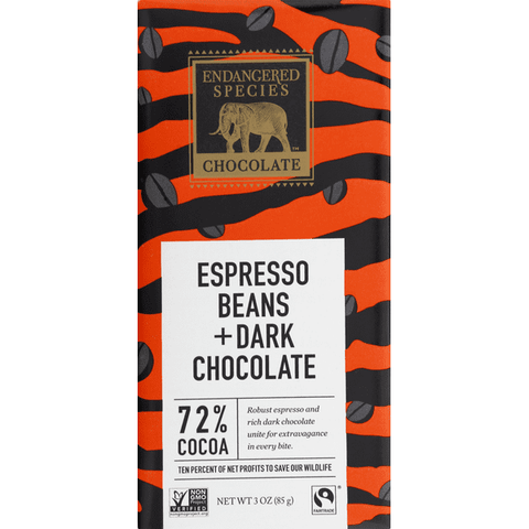 Endangered Species Chocolate Natural Dark Chocolate With Espresso Beans 72% Cocoa - 3 Ounce