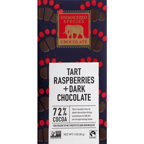 Endangered Species Chocolate Natural Dark Chocolate With Raspberries 72% Cocoa - 3 Ounce