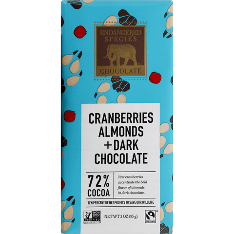 Endangered Species Chocolate Natural Dark Chocolate With Cranberries & Almonds 72% Cocoa - 3 Ounce