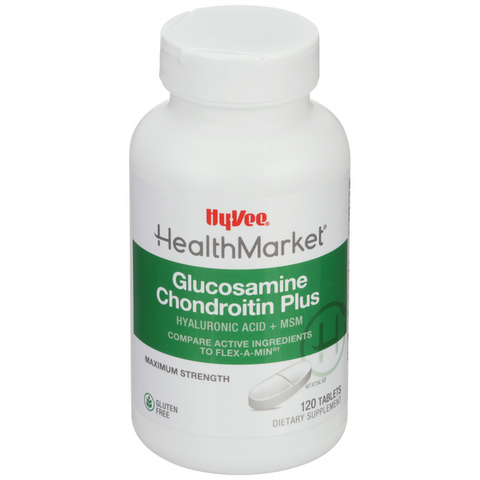 Hy-Vee HealthMarket Glucosamine & Chondroitin Maximum Stength Plus Hyaluronic Acid + MSM Dietary Supplement Tablets - 120 Count