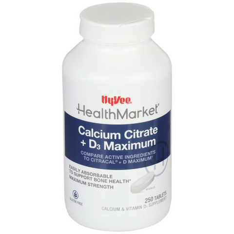 Hy-Vee HealthMarket Maximum Calcium Citrate + D3 Calcium Supplement Caplets - 250 Count