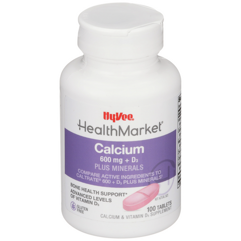 Hy-Vee HealthMarket Calcium 600+D3 Plus Minerals Calcium Supplement Caplets - 100 Count
