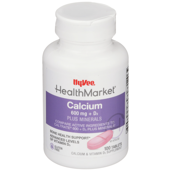 Hy-Vee HealthMarket Calcium 600+D3 Plus Minerals Calcium Supplement Caplets - 100 Count