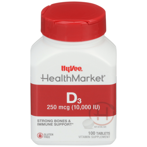 Hy-Vee HealthMarket Vitamin D3-10,000 IU Dietary Supplement Tablets - 100 Count
