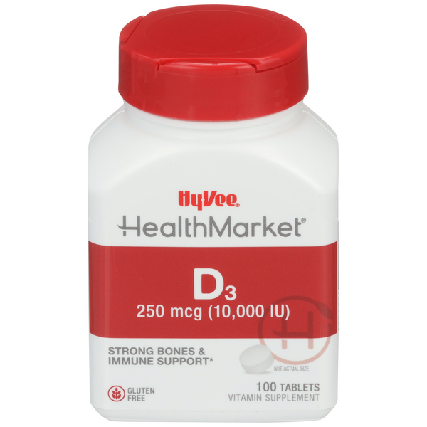 Hy-Vee HealthMarket Vitamin D3-10,000 IU Dietary Supplement Tablets - 100 Count