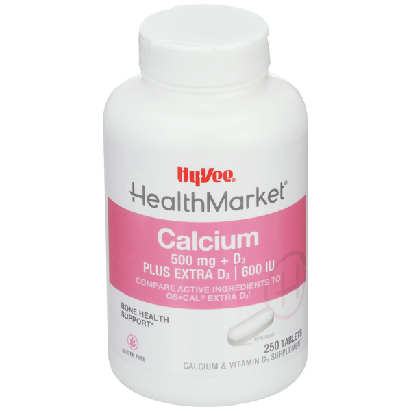 Hy-Vee HealthMarket Calcium 500mg + D3 Extra D3 Calcium Supplement Tablets - 250 Count