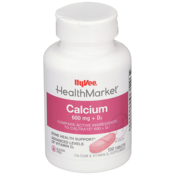 Hy-Vee HealthMarket Calcium 600 + D3 Calcium Supplement Caplets - 100 Count