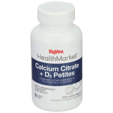 Hy-Vee HealthMarket Calcium Citrate Petites + D3 Coated Tablets Calcium Supplement - 200 Count