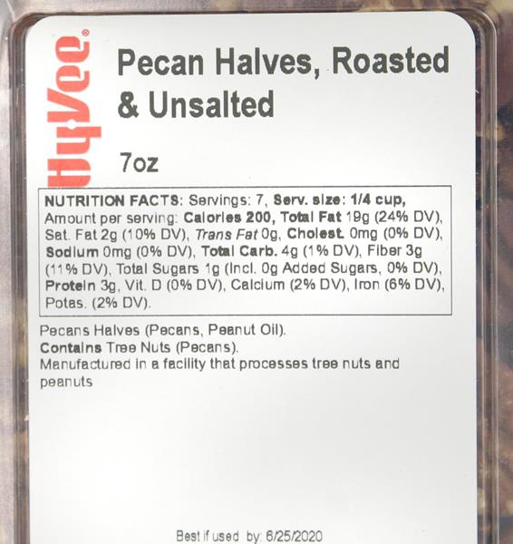 Hy-Vee Pecan Halves, Roasted & Unsalted - 7 Ounce