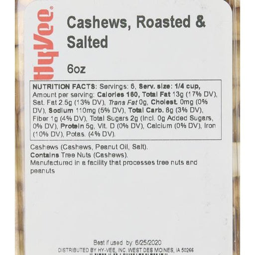 Hy-Vee Cashews, Roasted & Salted - 6 Ounce