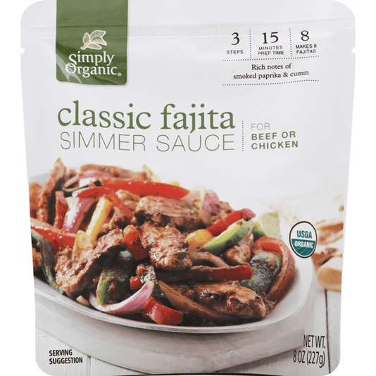 Simply Organic Classic Fajita Simmer Sauce for Beef or Chicken - 8 Ounce