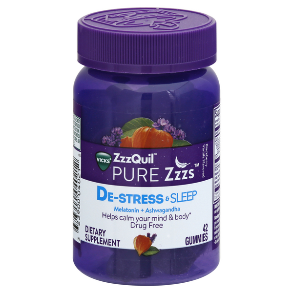 Vicks ZzzQuil PURE Zzzs De-Stress & Sleep Melatonin + Ashwagandha Sleep Aid Gummies - 42 Count