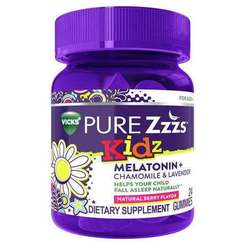 Vicks PURE Zzzs Kidz Melatonin + Lavender & Chamomile Sleep Aid Gummies for Kids & Children, Natural Berry Flavor - 24 Count