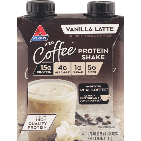 Atkins Vanilla Latte Iced Coffee Protein Shakes 4Pk - 11 Ounce