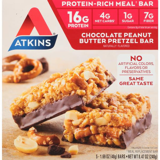 Atkins Chocolate Peanut Butter Pretzel Meal Bars 5-1.69 oz Bars - 8.47 Ounce