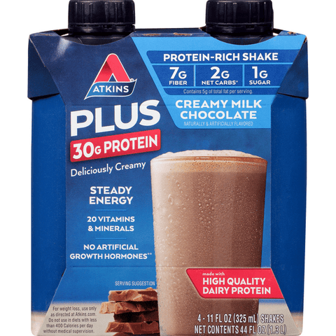 Atkins Plus Protein & Fiber Creamy Milk Chocolate Protein-Packed Shakes 4Pk - 11 Ounce