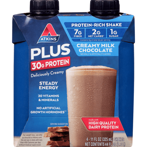 Atkins Plus Protein & Fiber Creamy Milk Chocolate Protein-Packed Shakes 4Pk - 11 Ounce