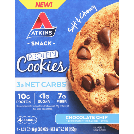 Atkins Protein Cookies, Chocolate Chip, Soft & Chewy, 4-1.38 oz - 5.5 Ounce