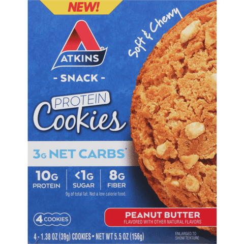 Atkins Protein Cookies, Peanut Butter, Soft & Chewy 4-1.38 oz - 5.5 Ounce