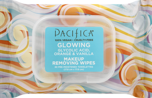 Pacifica Glowing Makeup Removing Wipes, Glycolic Acid, Orange & Vanilla - 30 Count
