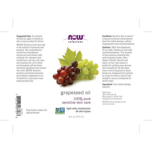 NOW Grapeseed Oil, 100% Pure Sensitive Skin Care - 16 Ounce