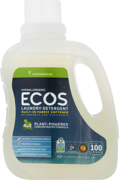 Ecos Laundry Detergent, Hypoallergenic, 4 In 1, Lemongrass - 100 floz