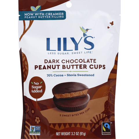 Lily's Dark Chocolate Peanut Butter Cups, No Sugar Added, 70% Cocoa - 3.2 Ounce