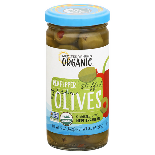 Mediterranean Organic Olives, Green, Red Pepper Stuffed - 8.5 Ounce