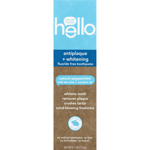 Hello Antiplaque + Whitening Fluoride Free Toothpaste Natural Peppermint with Tea Tree + Coconut Oil - 4.7 Ounce