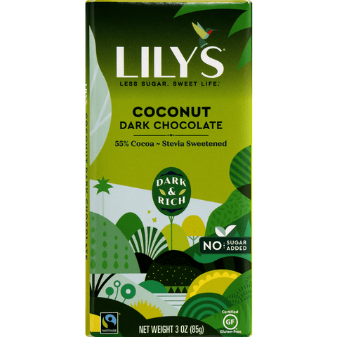 Lily's Coconut Dark Chocolate Bar, No Sugar Added, 55% Cocoa - 3 Ounce