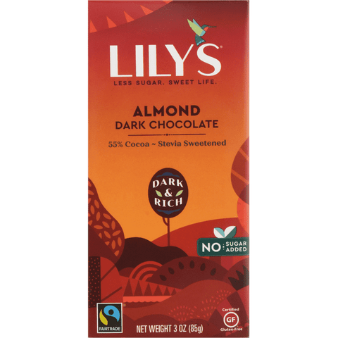 Lily's Almond Dark Chocolate Bar, No Sugar Added, 55% Cocoa - 3 Ounce