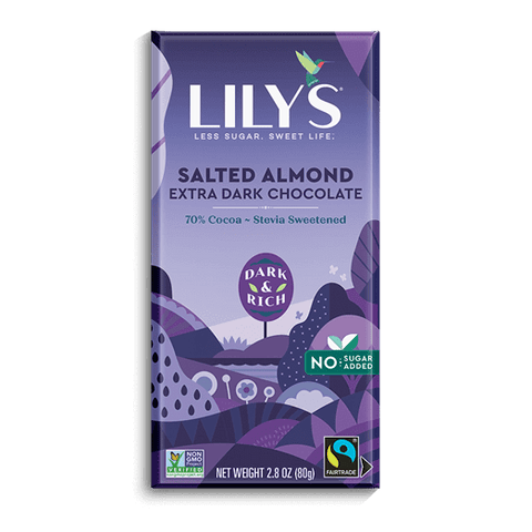 Lily's Salted Almond Extra Dark Chocolate Bar, No Sugar Added, 70% Cocoa - 2.8 Ounce