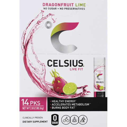 Celsius Dragon Fruit Lime Powder Sticks 14 Count - 2.8 Ounce